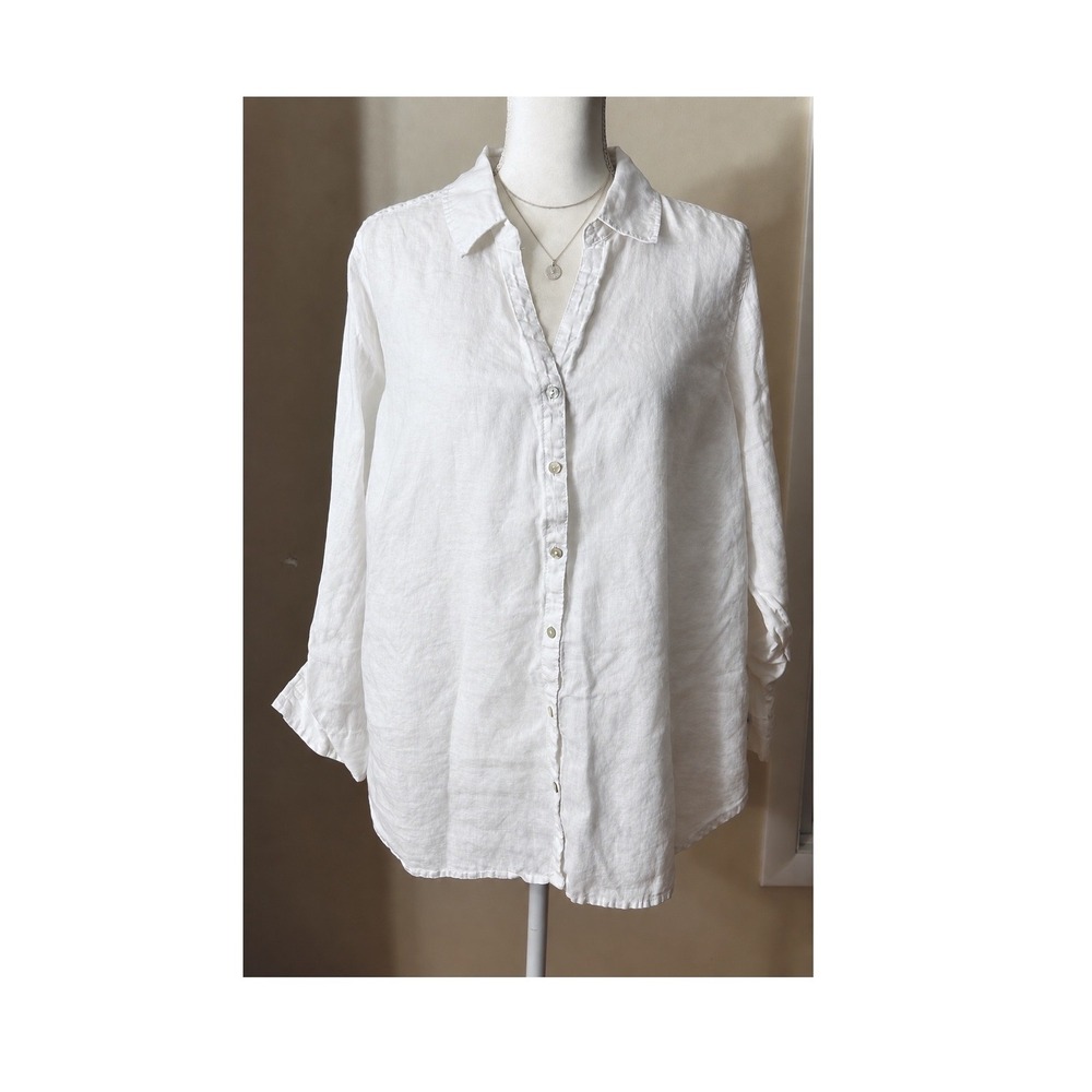 Sigrid Olsen Button Down 100% Linen Large White Coastal Grandma Workwear Offce
